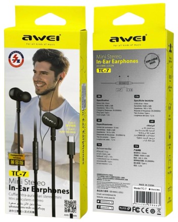  Стереонаушники Awei TC-7 с микрофоном Type-C 1.2м черные