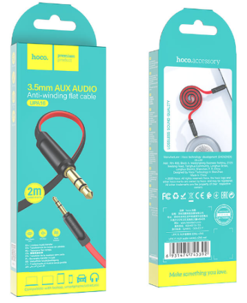  Аудиокабель AUX 3.5мм Hoco UPA16 2м плоский силиконовый красно-черный