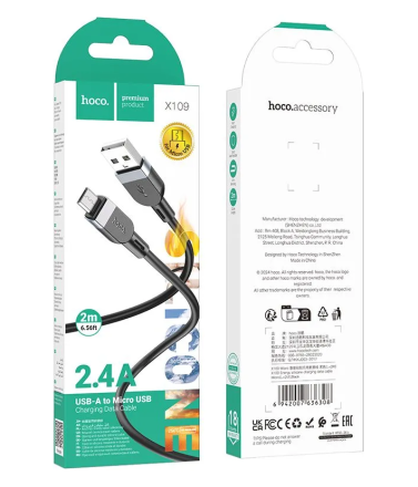  Usb Кабель-зарядка Micro Hoco X109 2.4A 2м силиконовый черный