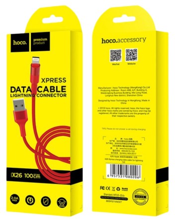  Usb Кабель-зарядка Lightning Hoco X26 Xpress 2.4A 1м в тканевой оплётке красный