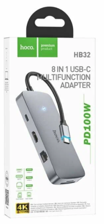  OTG TYPE-C 8в1 Hoco HB32 3USB/HDTV/PD/SD/TF/RJ45 серое