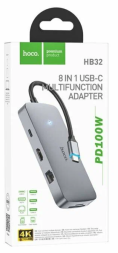 OTG TYPE-C 8в1 Hoco HB32 3USB/HDTV/PD/SD/TF/RJ45 серое