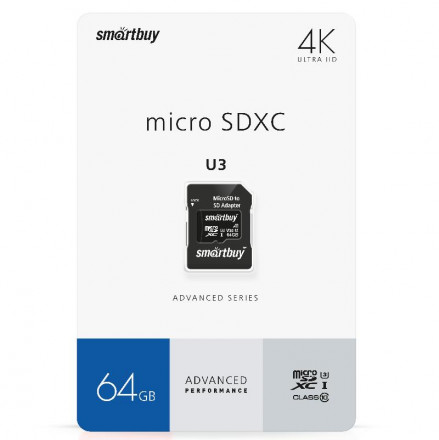 micro SDXC карта памяти Smartbuy 64GB U3 V30 A1 Advanced R/W up to 90/55 с адапт (SB64GBSDU1A-AD)