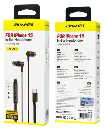  Стереонаушники Awei PC-9T с микрофоном Type-C 1.2м черные