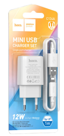  Сетевое зар. устр. Hoco C134A с шнуром Lightning 1USB 12W белое
