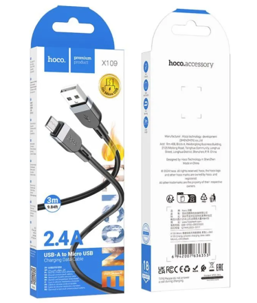  Usb Кабель-зарядка Micro Hoco X109 2.4A 3м силиконовый черный
