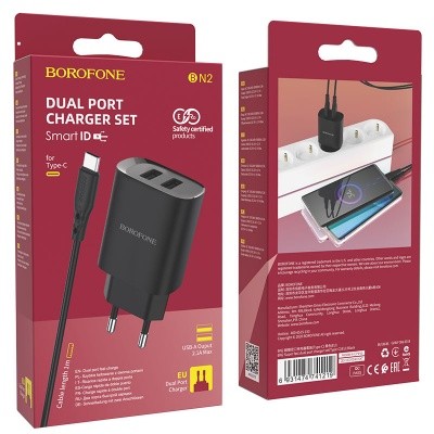  Сетевое зар. устр. Borofone BN2 с шнуром Type-C 2USB 2.1A черное