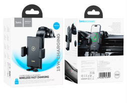 Держатель c беспроводной зарядкой на торпеду Hoco HW22 15W с зажимом черный