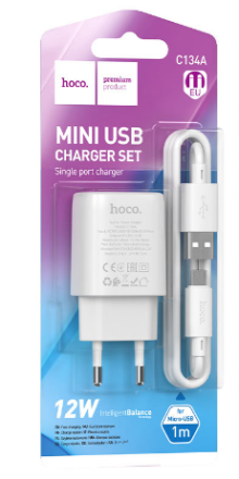  Сетевое зар. устр. Hoco C134A с шнуром Micro 1USB 12W белое