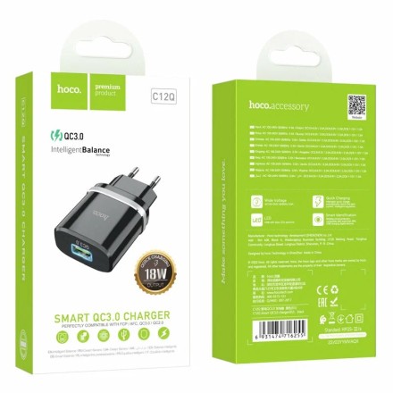  Сетевое зар. устр. Hoco C12Q 1USB QC3.0 2.4A черное