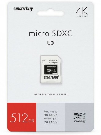  micro SDXC карта памяти Smartbuy 512GB Class10 PRO U3 R/W:90/70 MB/s (с адаптером SD)