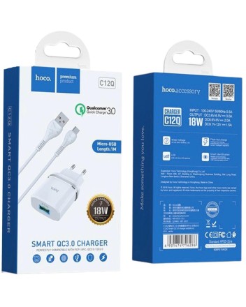  Сетевое зар. устр. Hoco C12Q с шнуром Micro 1USB QC3.0 2.4A белое