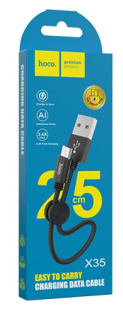  Usb Кабель-зарядка Micro Hoco X35 Premium 2.4A 25см в нейлоновой оплетке черный