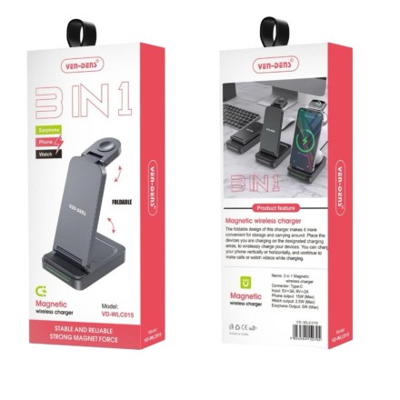  Беспроводное зарядное устройство 3в1 Ven-Dens WLC015 черное