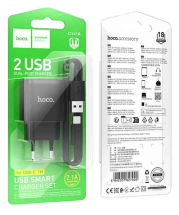  Сетевое зар. устр. Hoco C141A с шнуром Type-C 2USB 2.1A черное