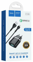 Сетевое зар. устр. Hoco C12Q с шнуром Micro 1USB QC3.0 2.4A черное