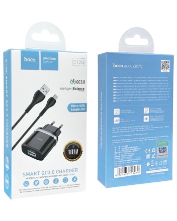  Сетевое зар. устр. Hoco C12Q с шнуром Micro 1USB QC3.0 2.4A черное
