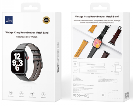  Кожаный ремешок Wiwu Vintage Crazy Horse Watch Band для Apple Watch 42/44/45/49mm черный