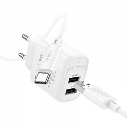 Сетевое зар. устр. Hoco C141A с шнуром Type-C 2USB 2.1A белое