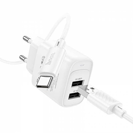  Сетевое зар. устр. Hoco C141A с шнуром Type-C 2USB 2.1A белое