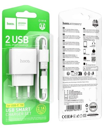  Сетевое зар. устр. Hoco C141A с шнуром Type-C 2USB 2.1A белое