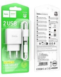 Сетевое зар. устр. Hoco C141A с шнуром Type-C 2USB 2.1A белое