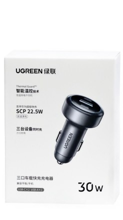  Автомобильное заряд. устр. Ugreen EC307 1USB/2C 30W серое