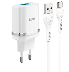 Сетевое зар. устр. Hoco C12Q с шнуром Type-C 1USB QC3.0 2.4A белое