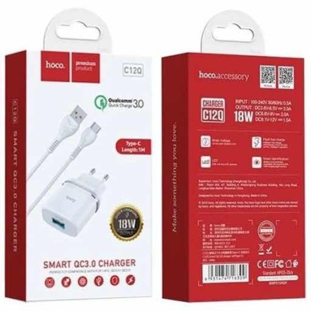  Сетевое зар. устр. Hoco C12Q с шнуром Type-C 1USB QC3.0 2.4A белое