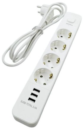  Perfeo сетевой фильтр &quot;POWER STREAM&quot;, 2500W, 2,0м, 4 розетки, 3 USB, белый.