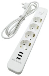 Perfeo сетевой фильтр "POWER STREAM", 2500W, 2,0м, 4 розетки, 3 USB, белый.