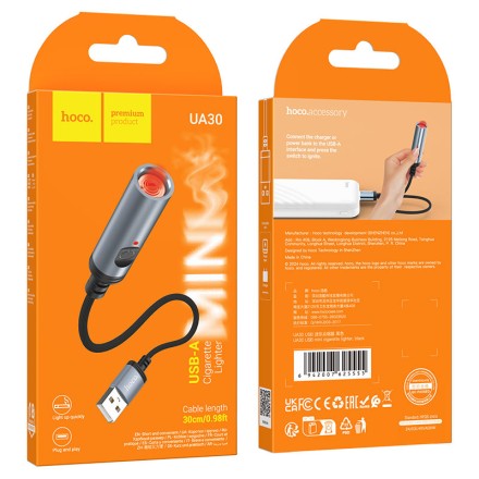  Портативный Прикуриватель зажигалка Hoco UA30 USB-A cigarette lighter 30см черный