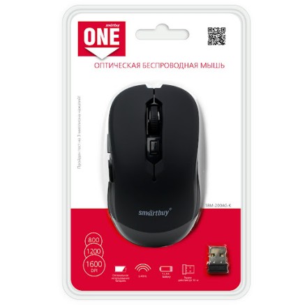 Мышь беспроводная Smartbuy ONE 200AG USB/DPI 800-1200-1600/6 кнопок/1AA черная (SBM-200AG-K)