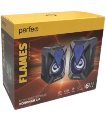  Акустическая система 2.0 Perfeo FLAMES мощность 2х3 Вт, USB, чёрн, Game Design, LED подсветка