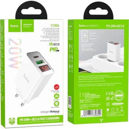  Сетевое зар. устр. Hoco C100A 1USB/1C 20W QC3.0 белое