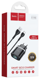 Сетевое зар. устр. Hoco C12Q с шнуром Type-C 1USB QC3.0 2.4A черное