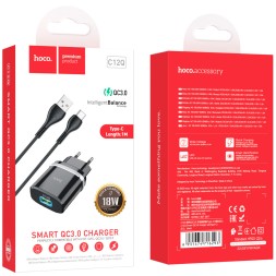 Сетевое зар. устр. Hoco C12Q с шнуром Type-C 1USB QC3.0 2.4A черное