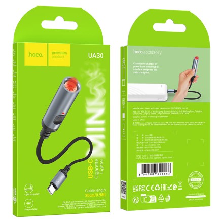  Портативный Прикуриватель зажигалка Hoco UA30 USB-C cigarette lighter 30см черный