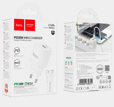  Сетевое зар. устр. Hoco C149A с шнуром Type-C на Type-C 1USB/1C QC3.0 30W белое