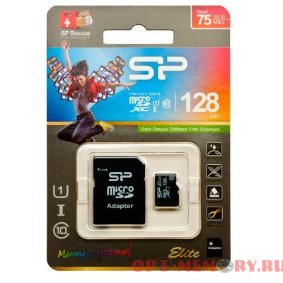 micro SDXC карта памяти Silicon Power 128GB Class10 UHS-I  75MB/s с адаптером SD