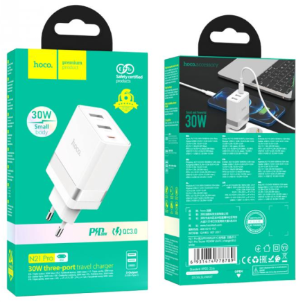  Сетевое зар. устр. Hoco N21 Pro 2USB/1С 30W белое