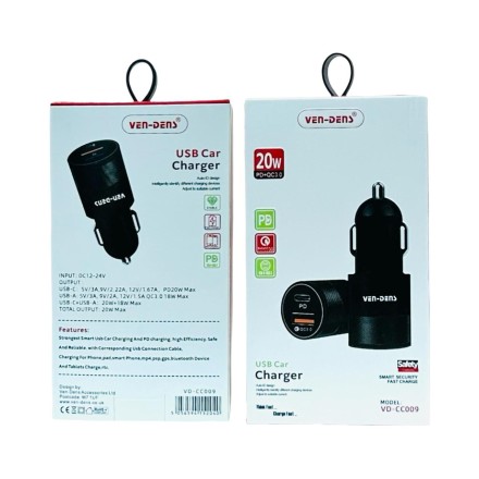  Автомобильное заряд. устр. Ven-Dens CC009 USB/USB-C 18W/20W черное