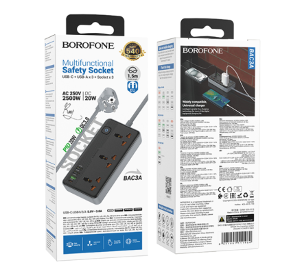  Сетевой фильтр Borofone BAC3A 3-розетки/3USB/1USB-C AC-2500W/DC-20W 1.5м черный