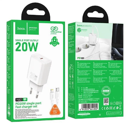  Сетевое зар. устр. Hoco N60 с шнуром Type-C на Lightning 1С 20W белое