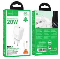 Сетевое зар. устр. Hoco N60 с шнуром Type-C на Lightning 1С 20W белое