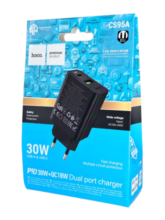  Сетевое зар. устр. Hoco CS95A 1USB/1C 30W QC3.0 черное