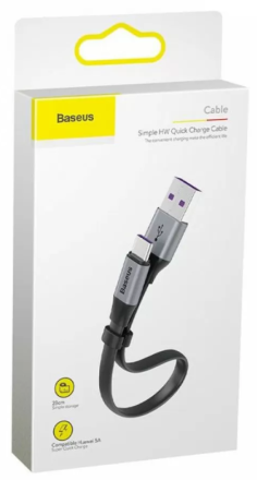  Usb Кабель-зарядка TYPE-C Baseus Simple HW Quick Charge 23см (CATMBJ-BG1) серо-черный