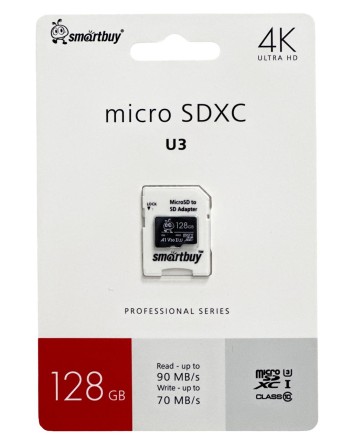  micro SDXC карта памяти Smartbuy 128GB Class10 PRO U3 R/W:90/70 MB/s (с адаптером SD)
