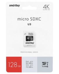 micro SDXC карта памяти Smartbuy 128GB Class10 PRO U3 R/W:90/70 MB/s (с адаптером SD)