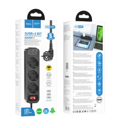 Сетевой фильтр Hoco NS2 3 розетки/3USB 1.8м черный